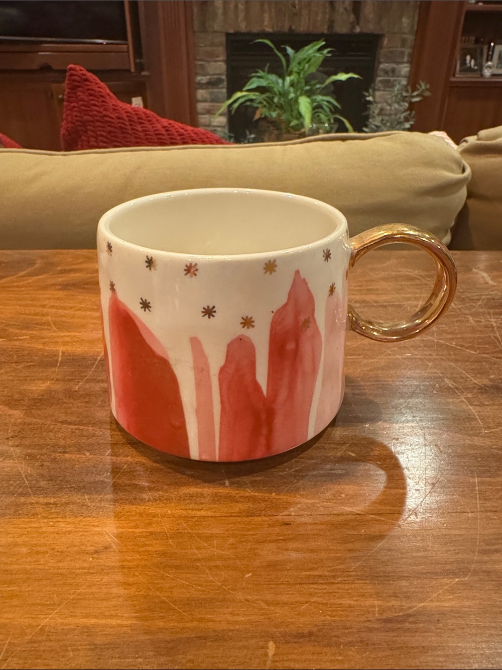 NWT Anthropologie Shiny Gold Handle Stars Pink Brush Stroke Abstract Mug New!